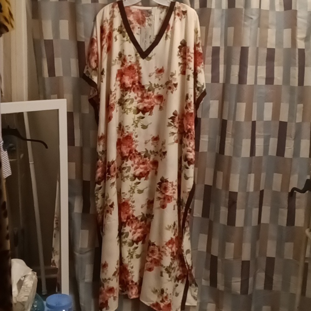NWT Miss Lavish LONDON floral print cream Kaftan dress w brown trim FS